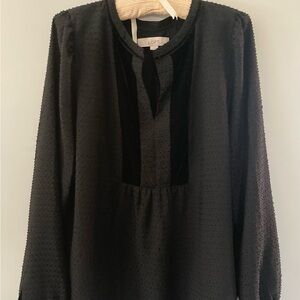 LOFT Black Dotted Peasant Blouse with Velvet Placket